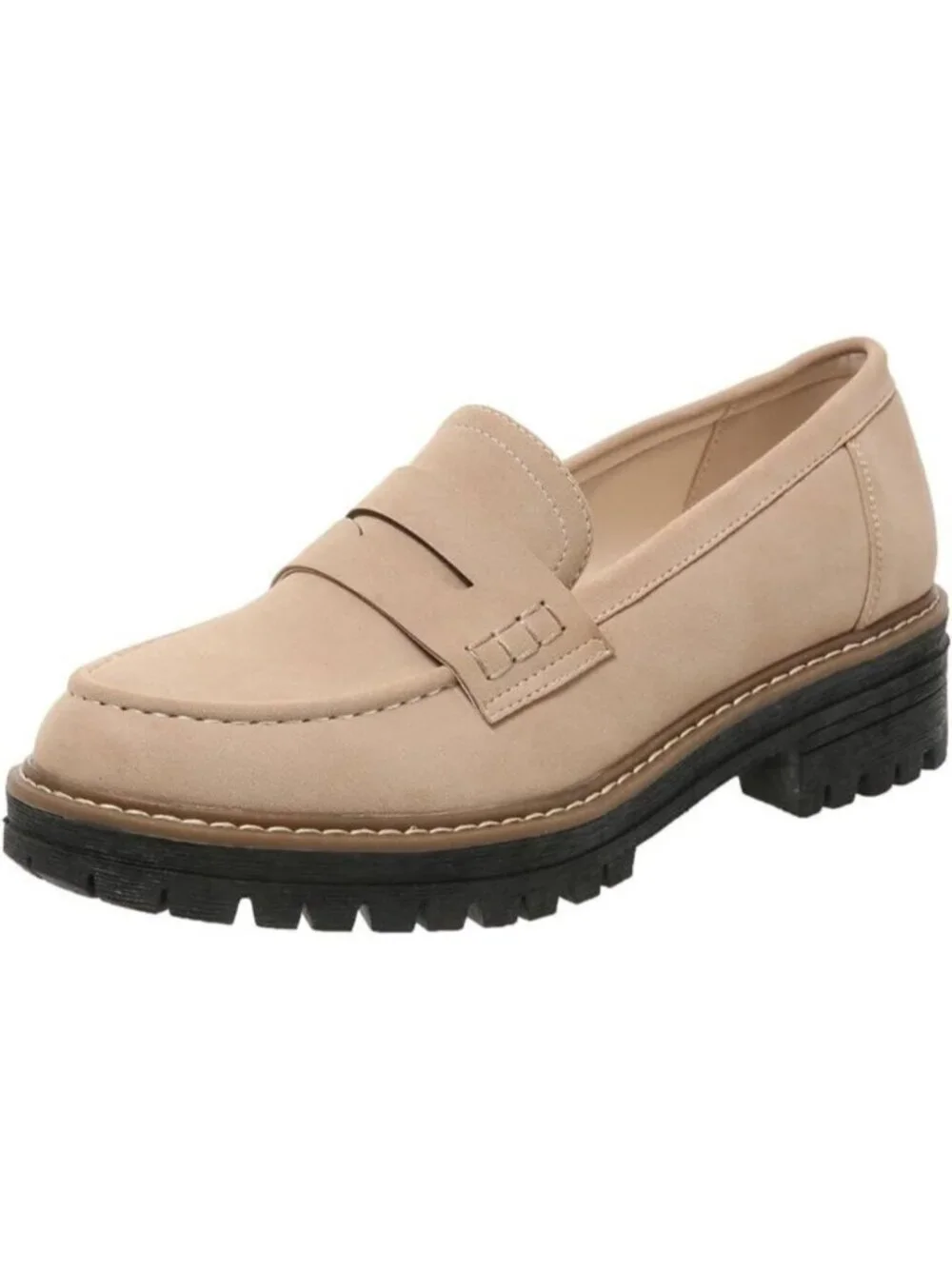 Womens Beige Suede Lug Sole Slip On Business Chunky Platform Penny Loafers Shoes